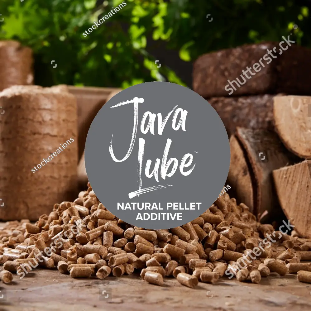 JavaLube logo with wood pellets and a stack of logs in the background